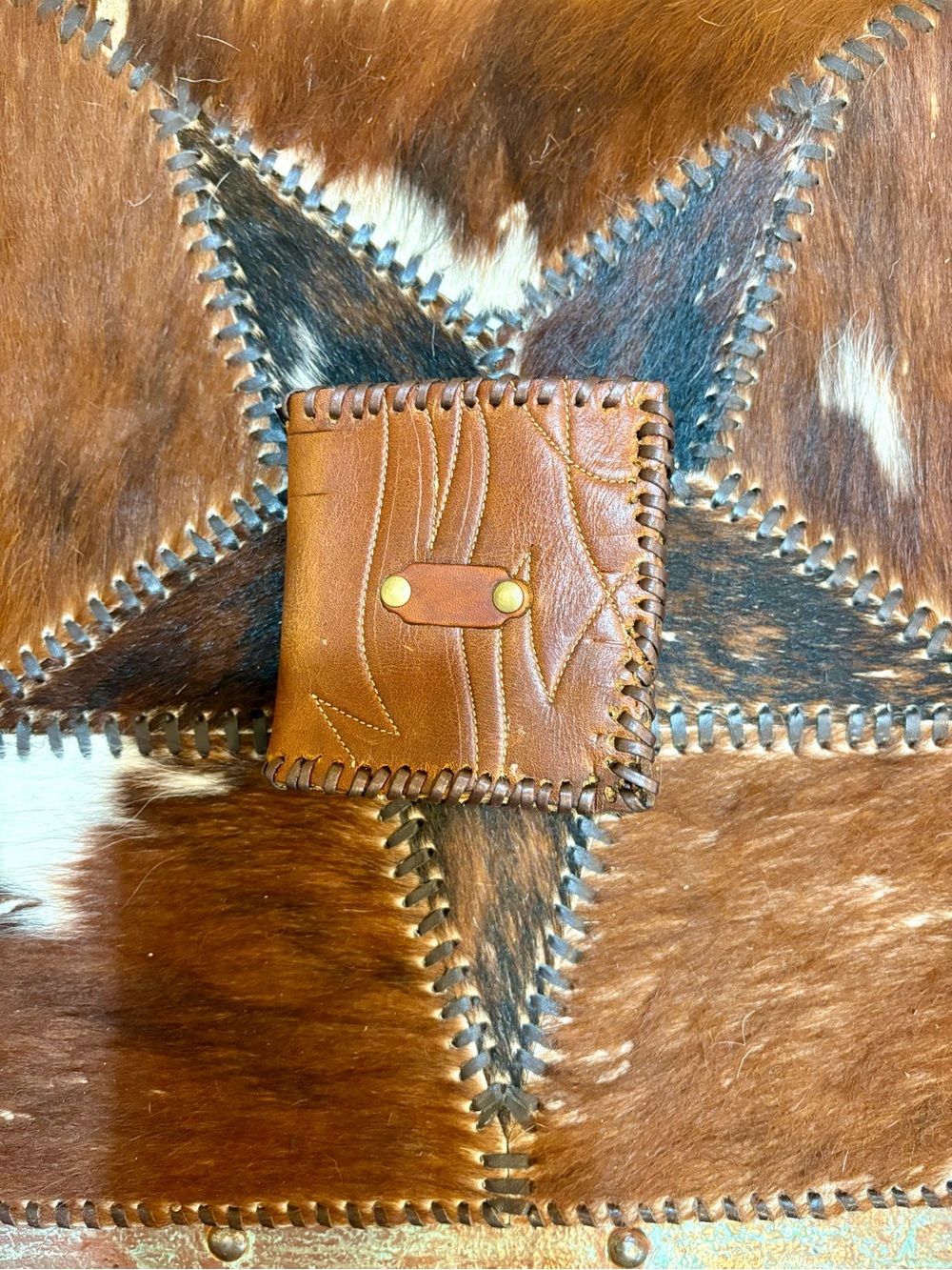Vintage Brown Leather Cowboy Boot Bifold Wallet with Brass Accent